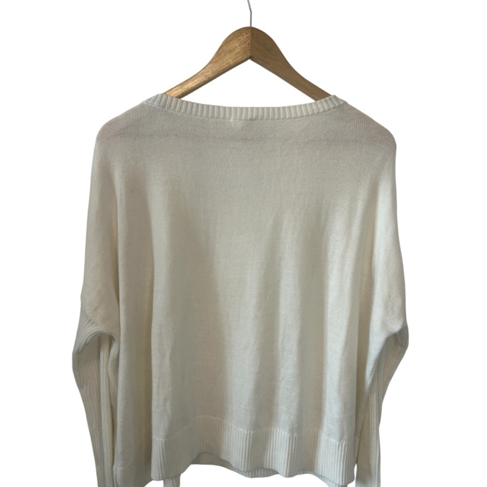 GARAGE Cream Lightweight Knit Ribbed Sleeve Short Pullover Scoop Neck Sweater M - Picture 5 of 9